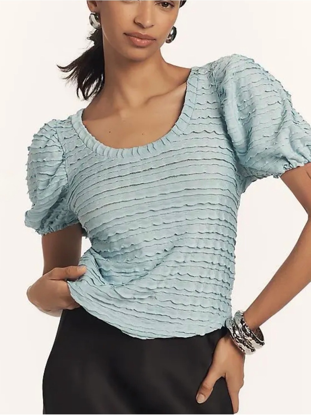 Anthropologie Powder Blue Textured Ruffle Scoop-Neck Puff Sleeve Top NWT $68 L